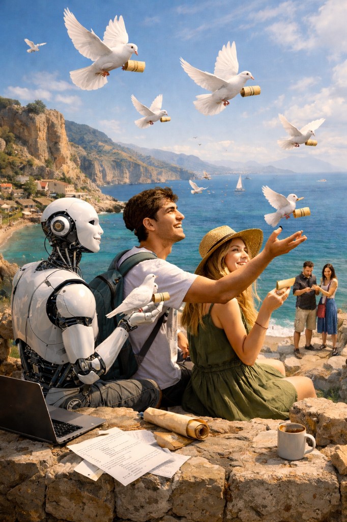 Sunny coast: people and a robot watch doves carrying scrolls—the peaceful future we pretend to plan for.